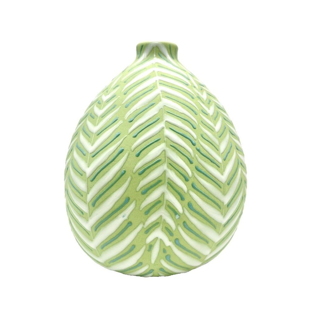 Crate and Barrel Leaf Vase Green and White with Enamel Fern Leaves Botanical - Picture 4 of 8